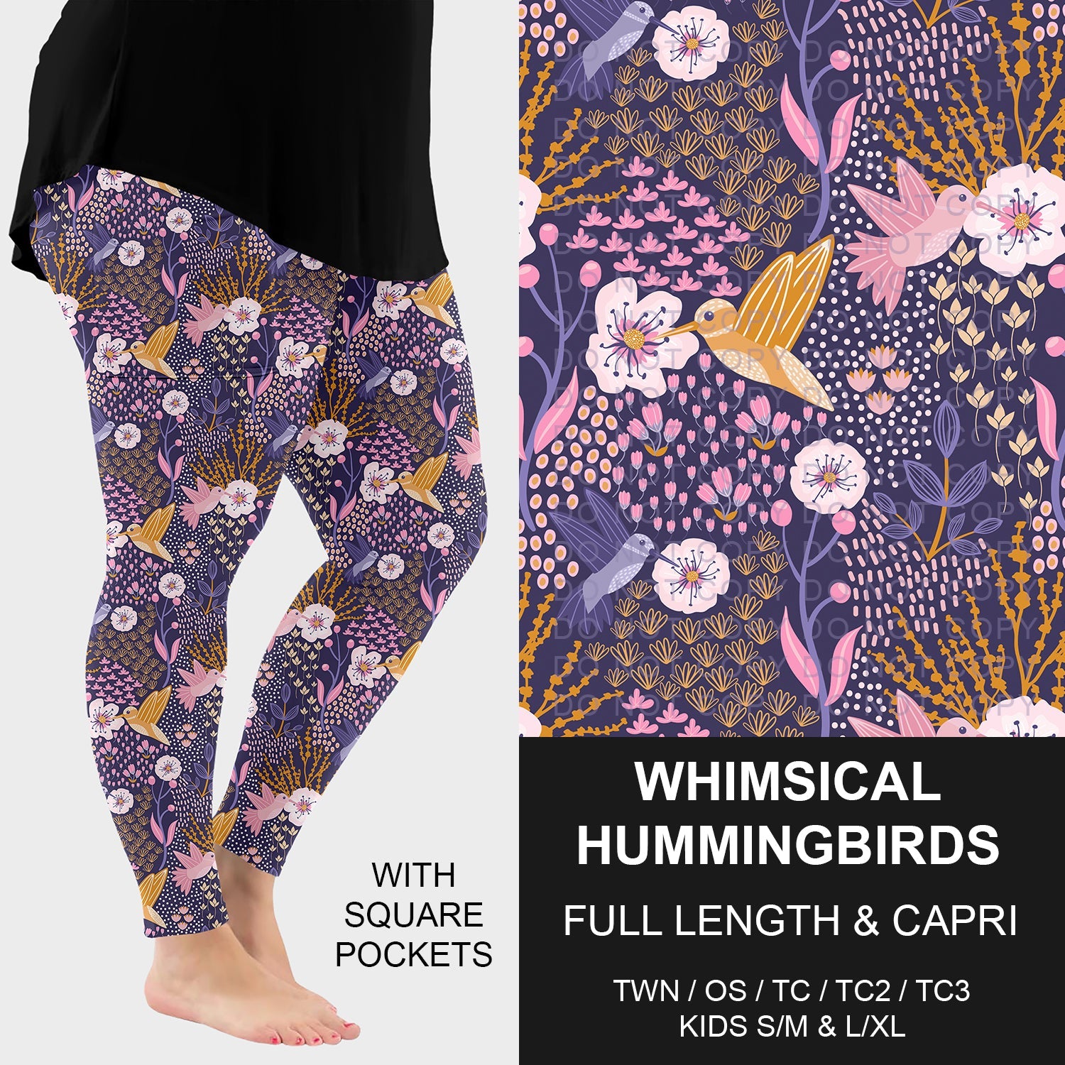 B283 - Preorder Whimsical Hummingbirds Leggings w/ Pockets (Closes 4/05. ETA: mid June)