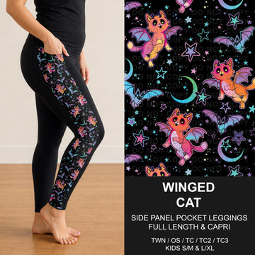 B307 - Preorder Winged Cat Side Panel Pocket Leggings (Closes 8/02. ETA: early Oct.)