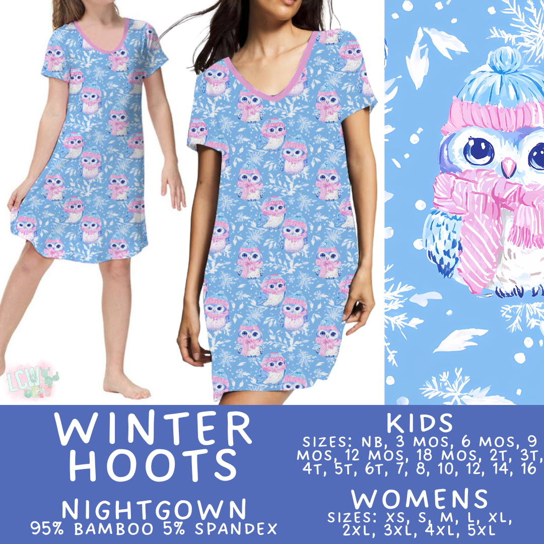 Ready to Ship - Winter Hoots Adult & Kid's Bamboo Nightgown - 5T, 8 & Adult Small