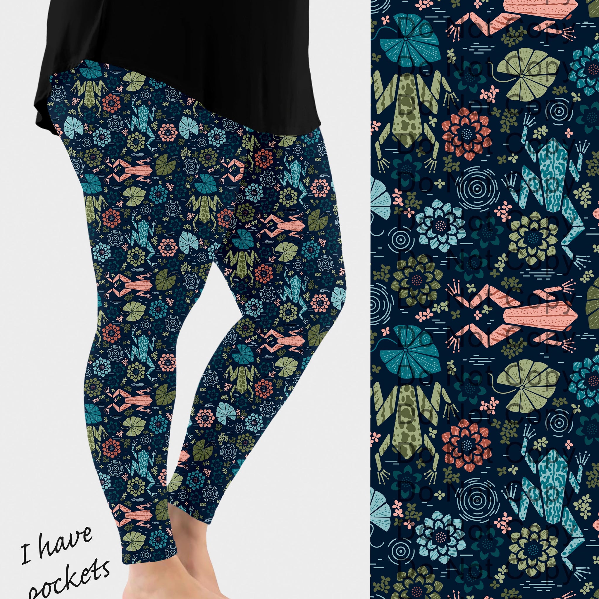 RTS - Water Lily Frogs Leggings w/ Pockets