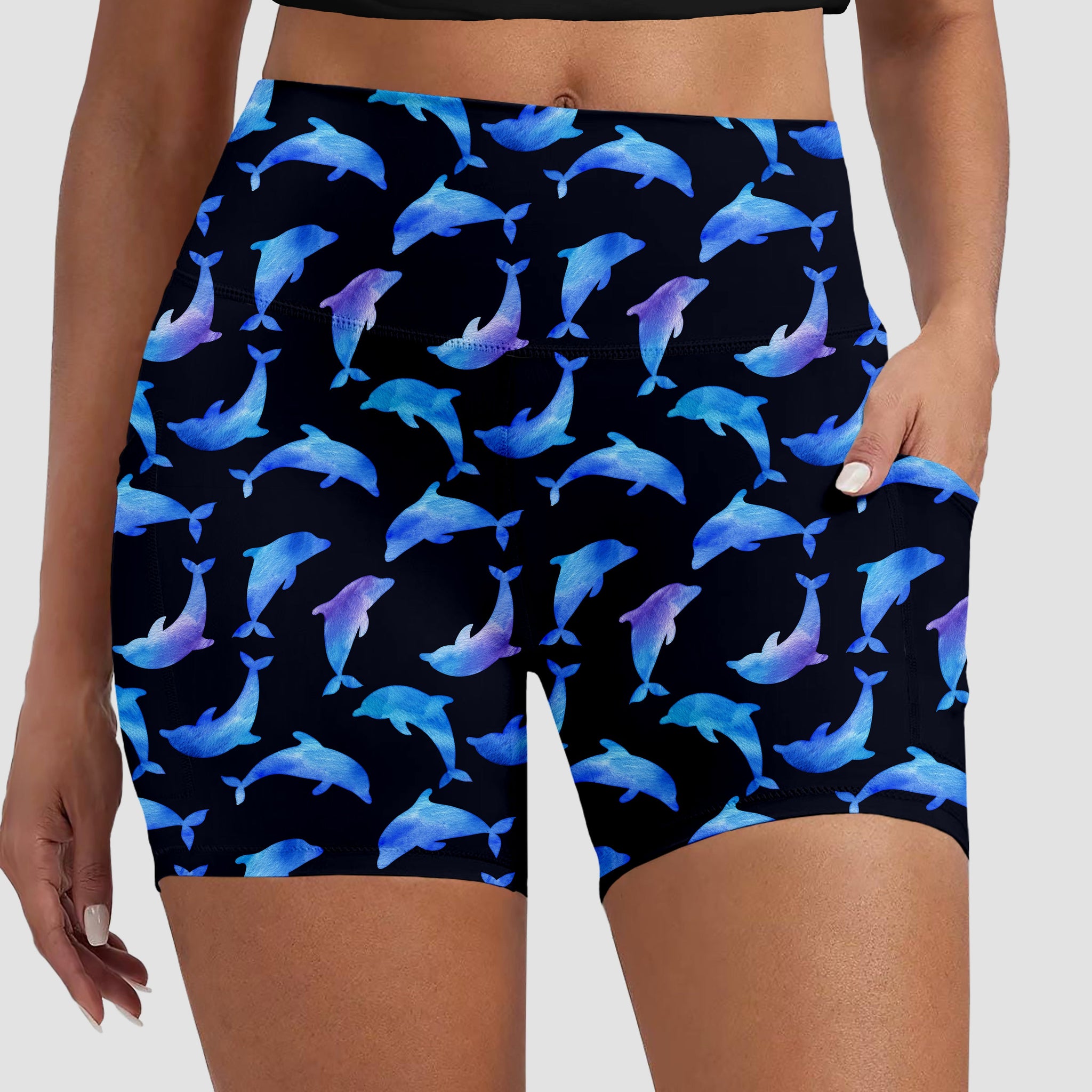 RTS - Watercolor Dolphins Biker Shorts w/ Pockets