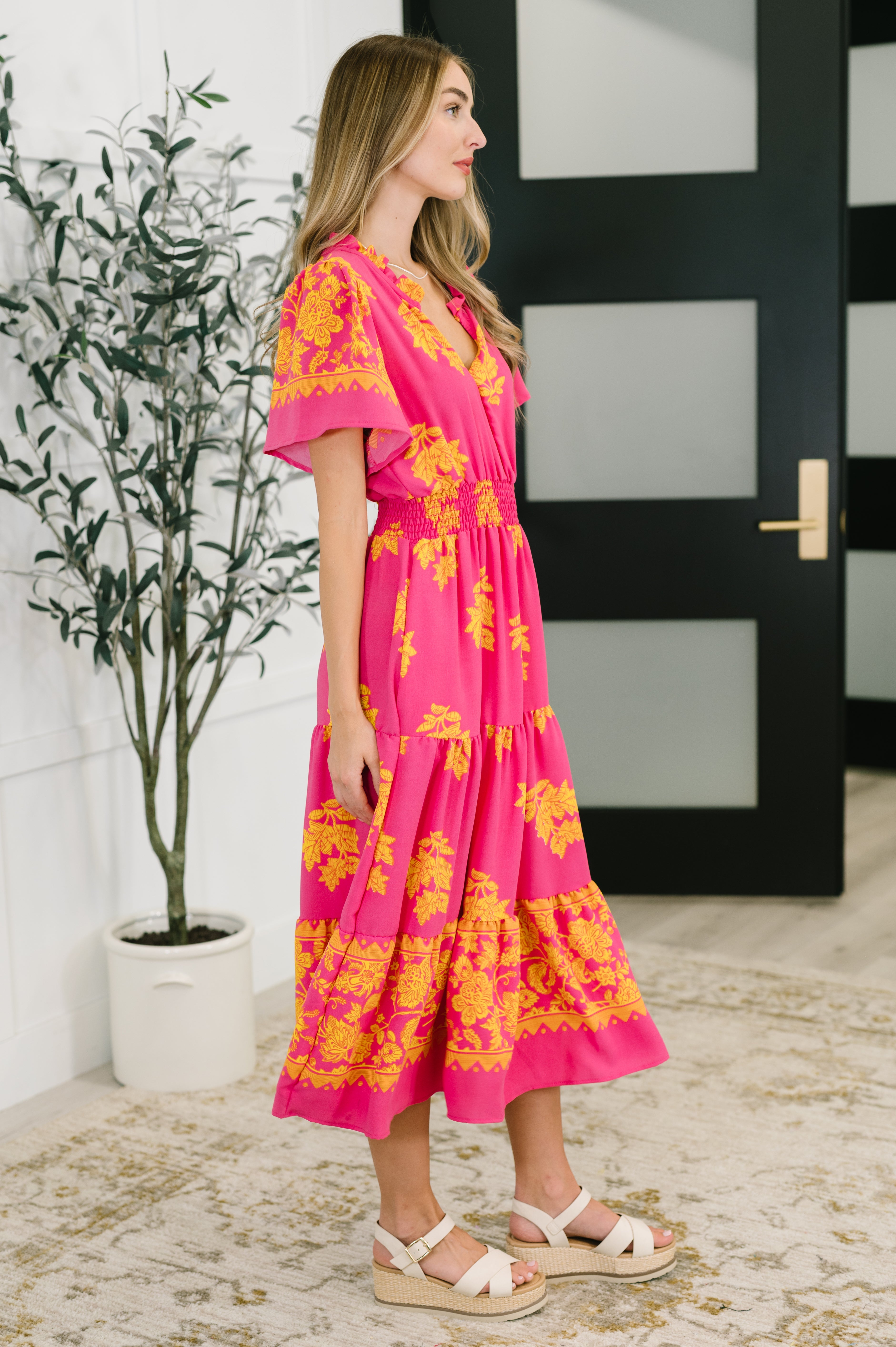 Whispering Willow V-Neck Dress in Fuchsia