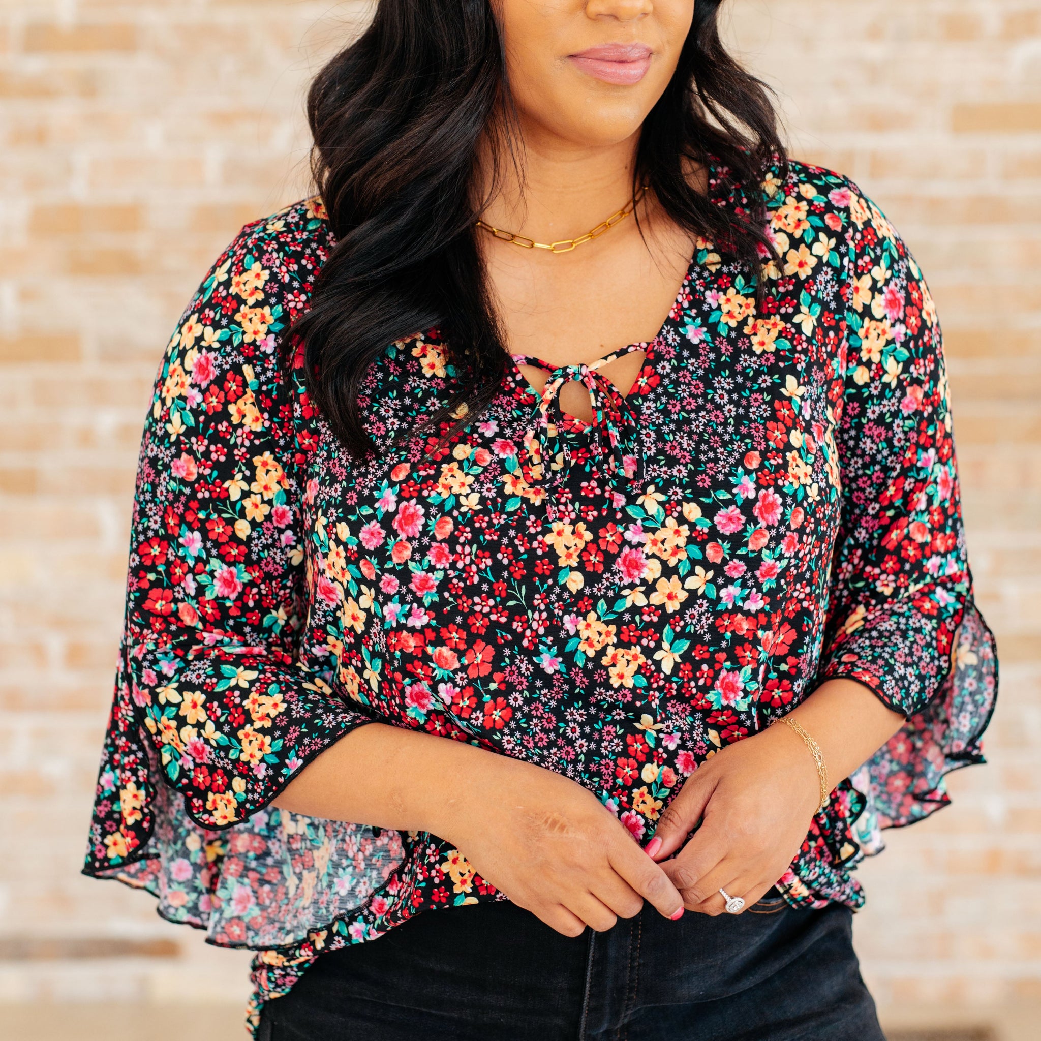 Willow Bell Sleeve Top in Black Multi Ditsy Floral