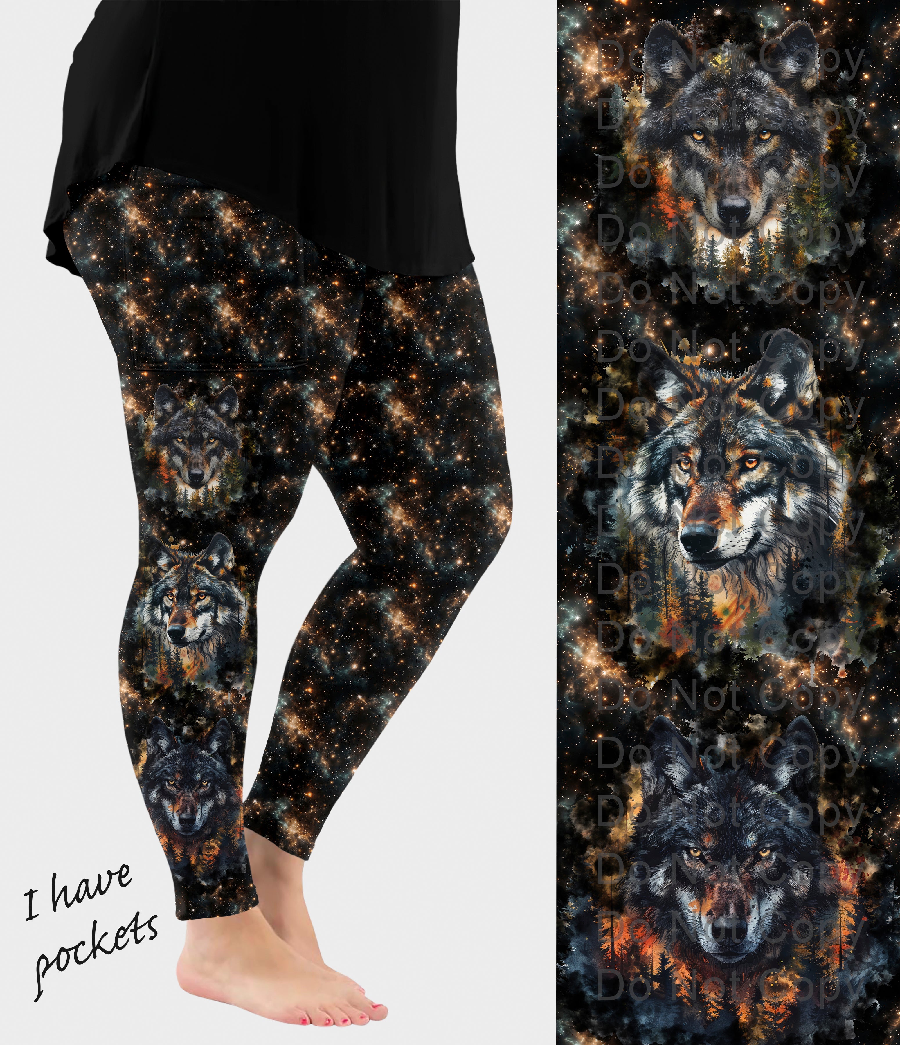 RTS - Wolf Trio Side Design Leggings with Pockets
