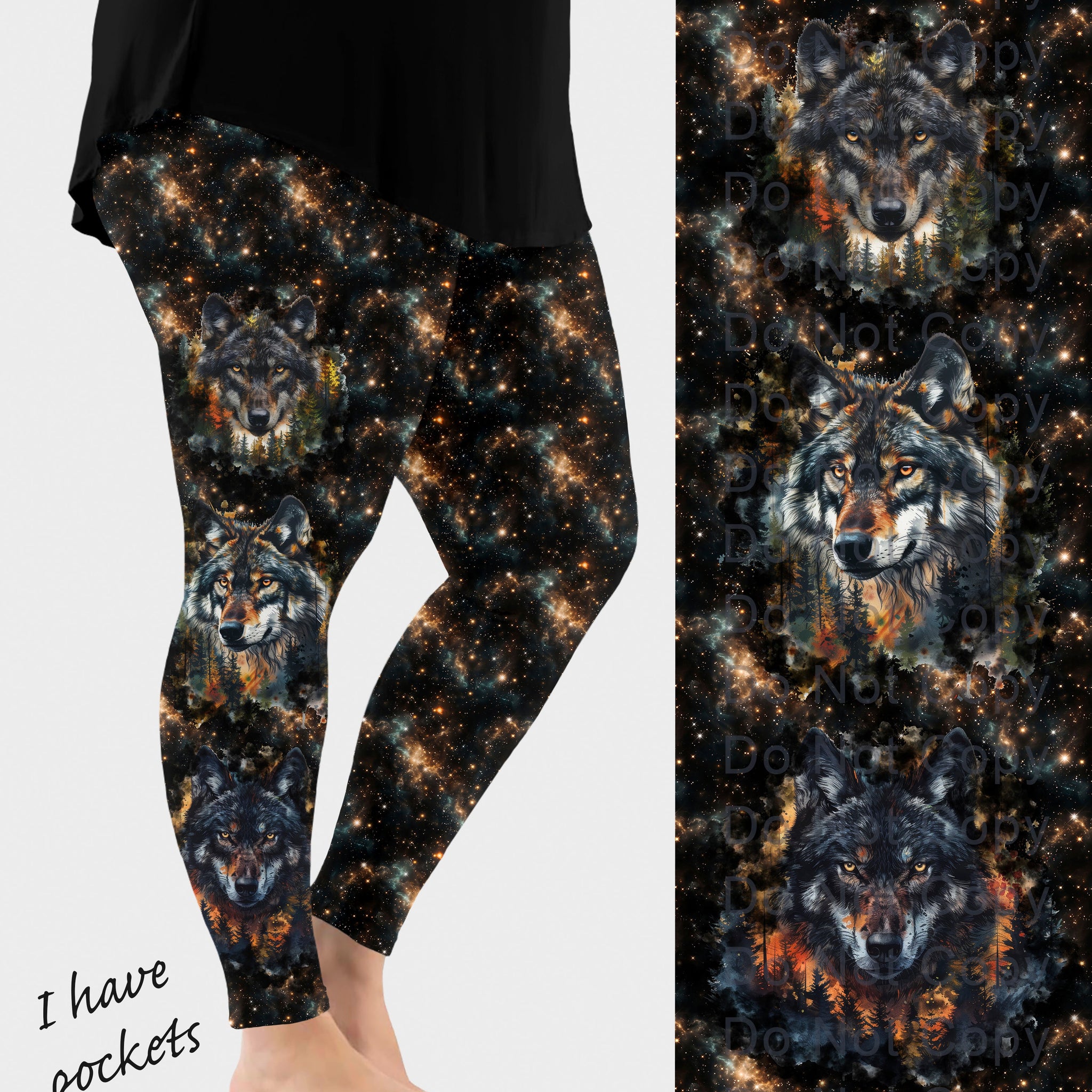 RTS - Wolf Trio Side Design Leggings w/ Pockets