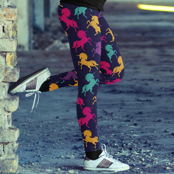 Colorful Neon Unicorn Print Navy Soft Leggings - Adult & Kid Sizes