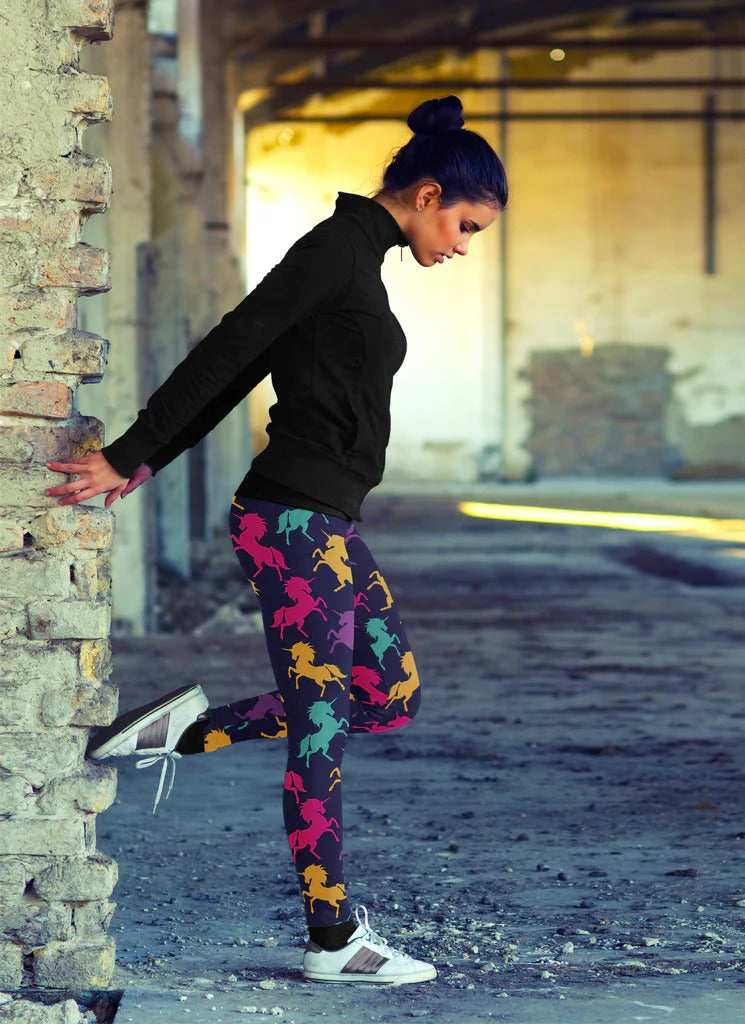 Colorful Neon Unicorn Print Navy Soft Leggings - Adult & Kid Sizes