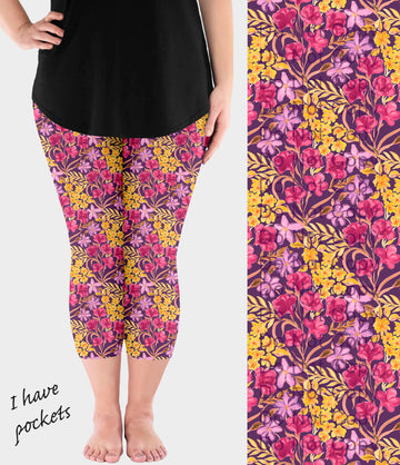 RTS - Yellow and Pink Flowers Capri Leggings with Pockets