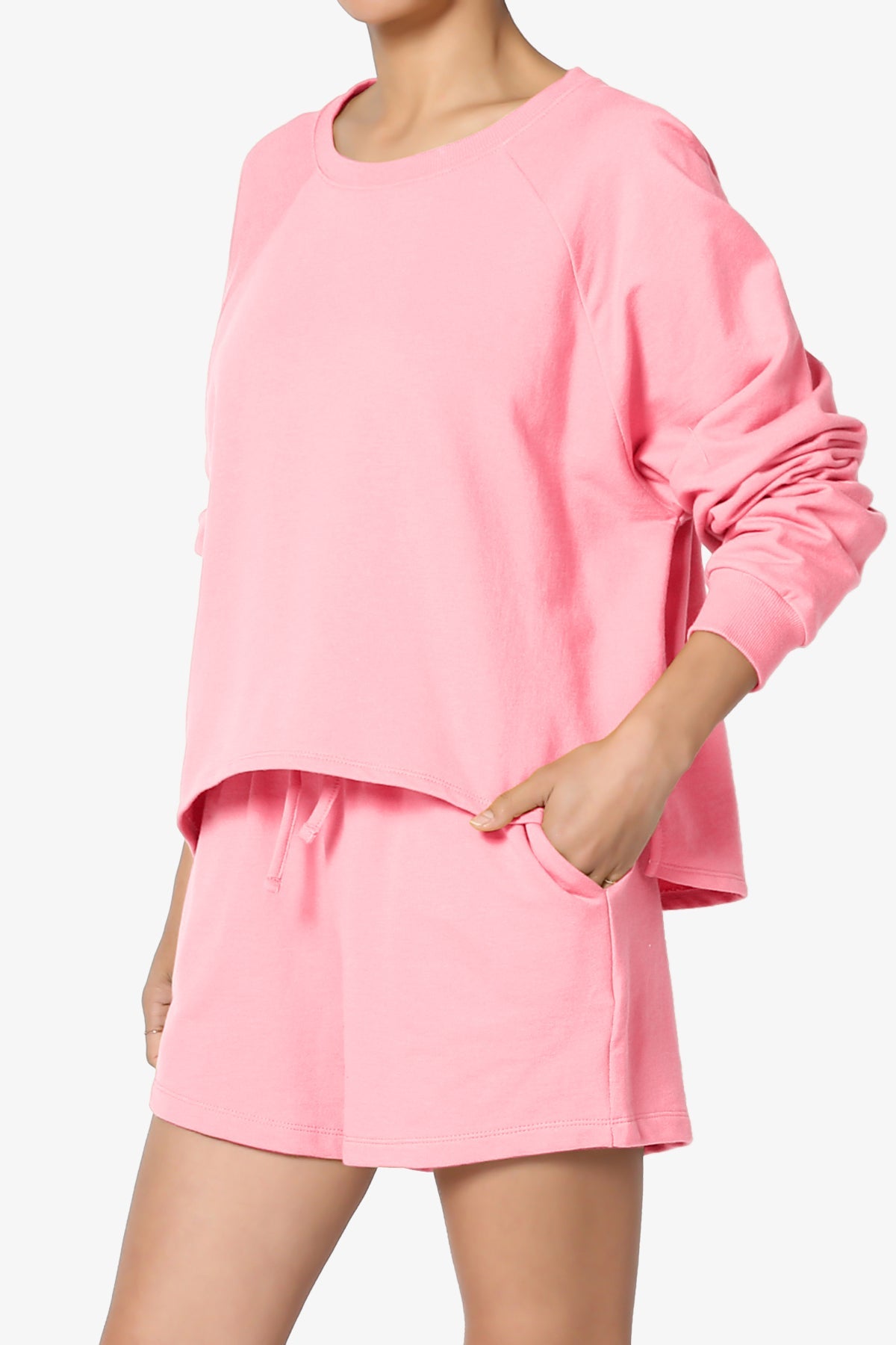 Oversized Cotton Terry Lounge Set – Long Sleeve Top & Drawstring Shorts - Plus