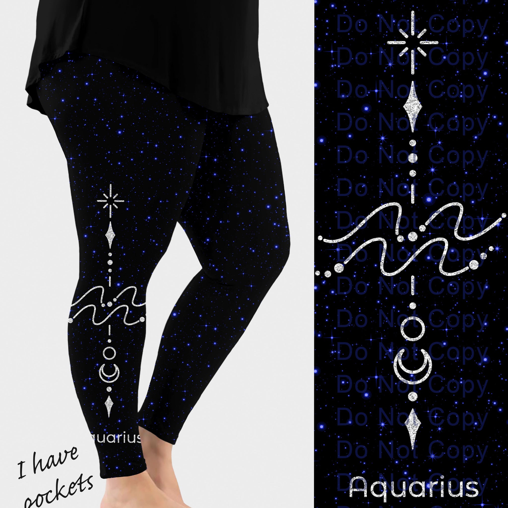 RTS - Aquarius Zodiac Sign Side Design Leggings w/ Pockets