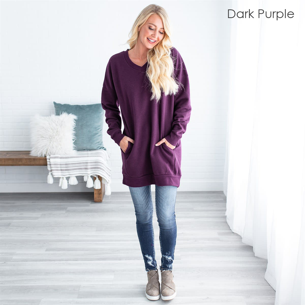 Oversized Loose Fit V-Neck Tunic Sweatshirt