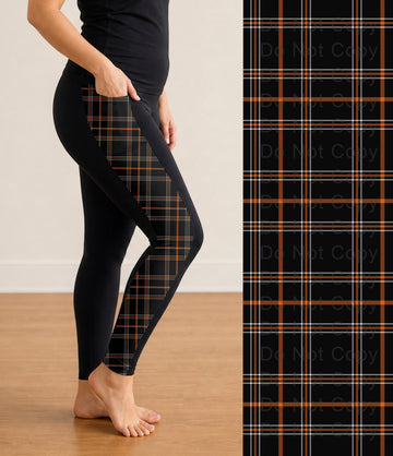 RTS - Black and Orange Plaid Side Panel Leggings with Pockets