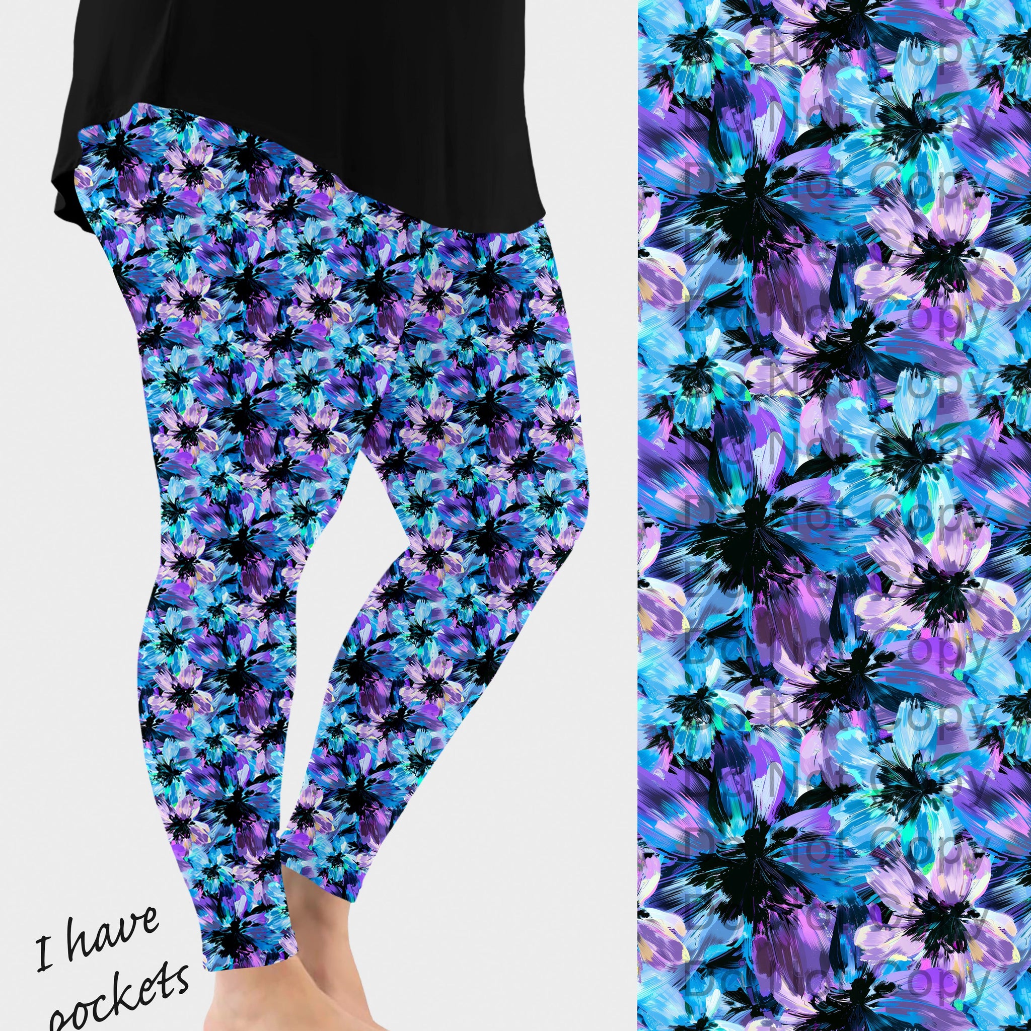 RTS - Blue Abstract Flowers Leggings w/ Pockets