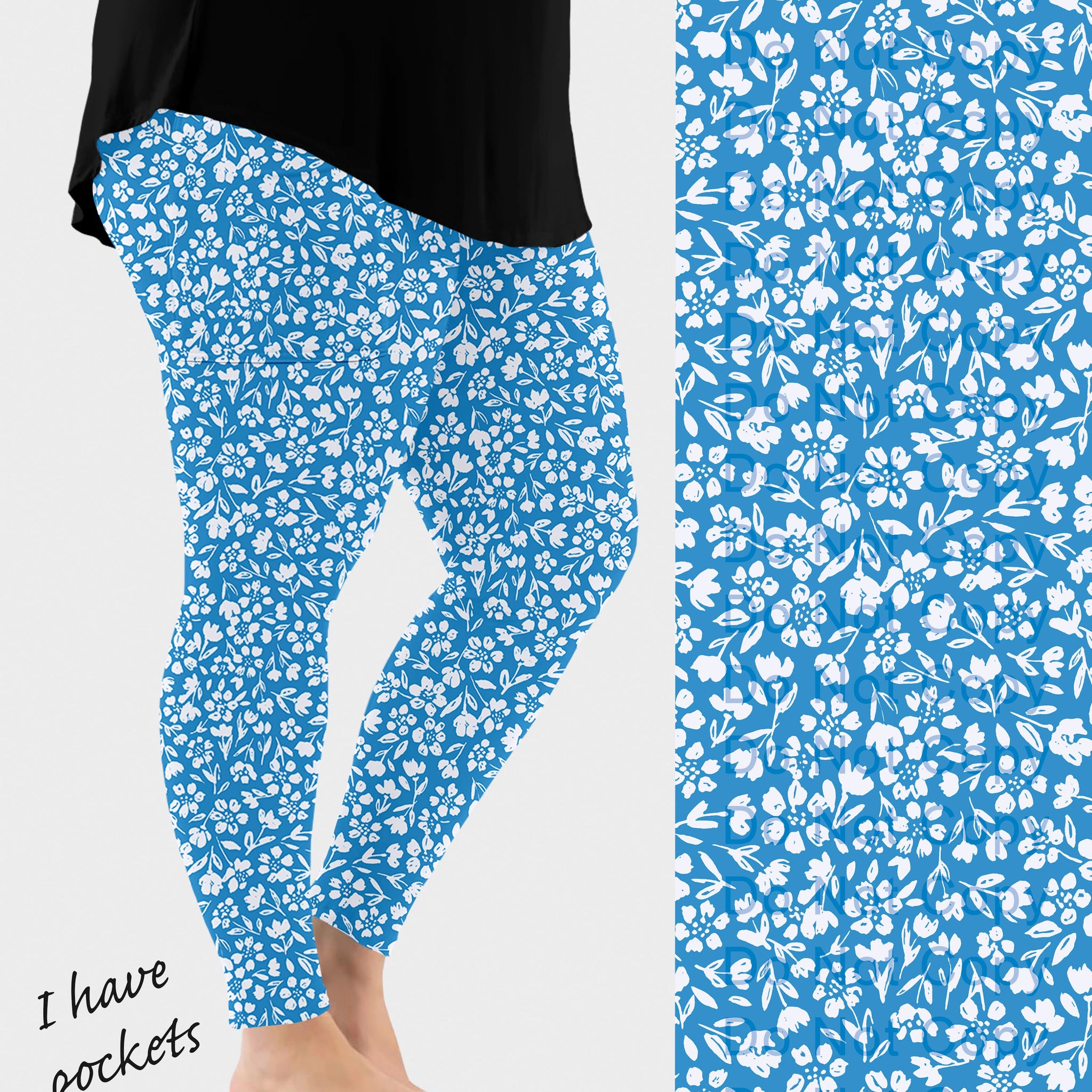 RTS - Blue Dainty Floral Leggings w/ Pockets