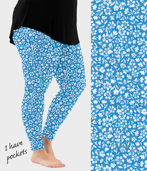 RTS - Blue Dainty Floral Leggings w/ Pockets