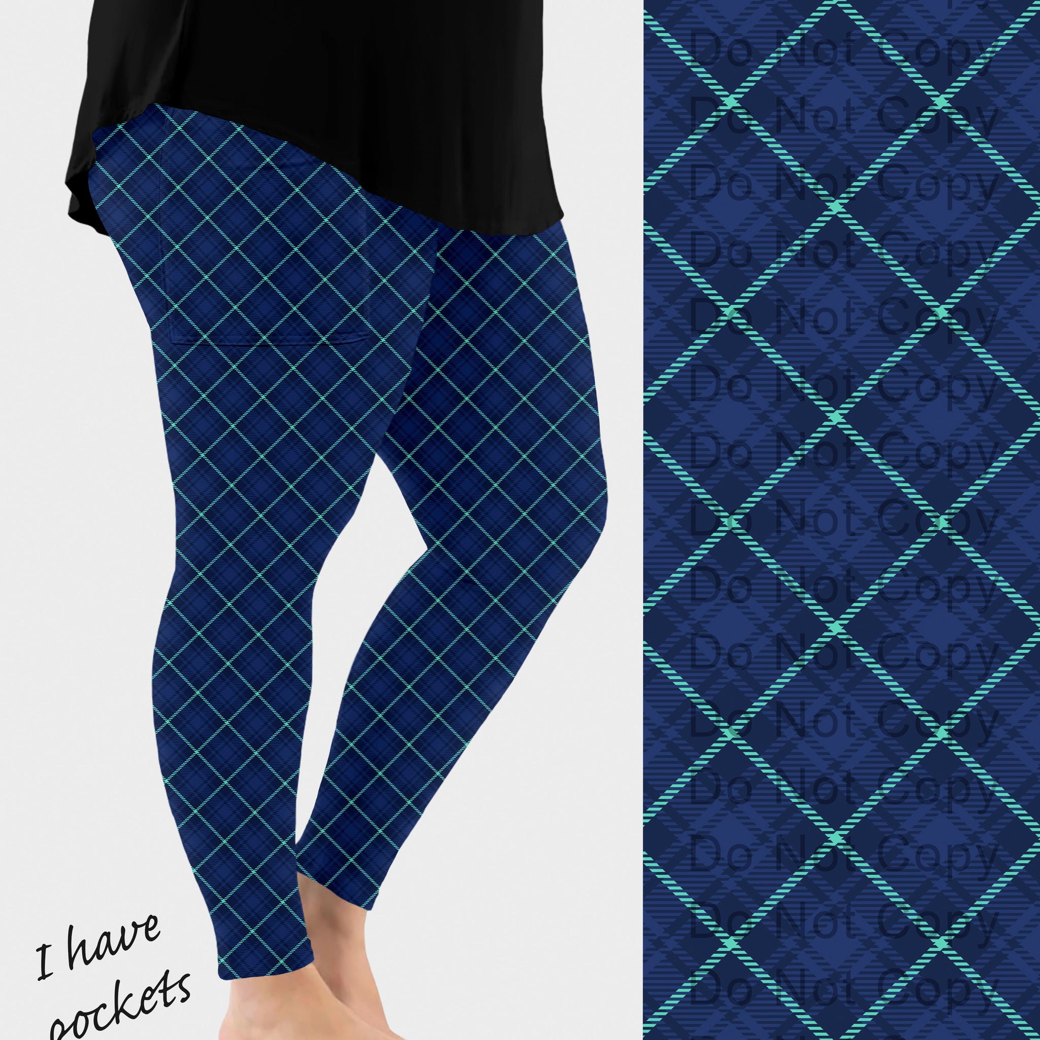 RTS - Blue Diagonal Plaid Leggings w/ Pockets