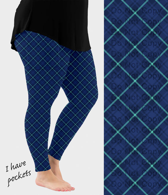 RTS - Blue Diagonal Plaid Leggings w/ Pockets