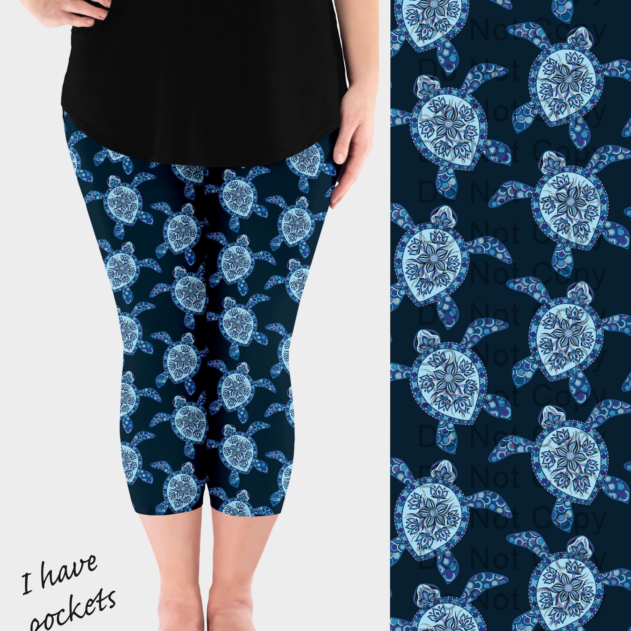 RTS - Blue Pattern Sea Turtle Capri Leggings w/ Pockets