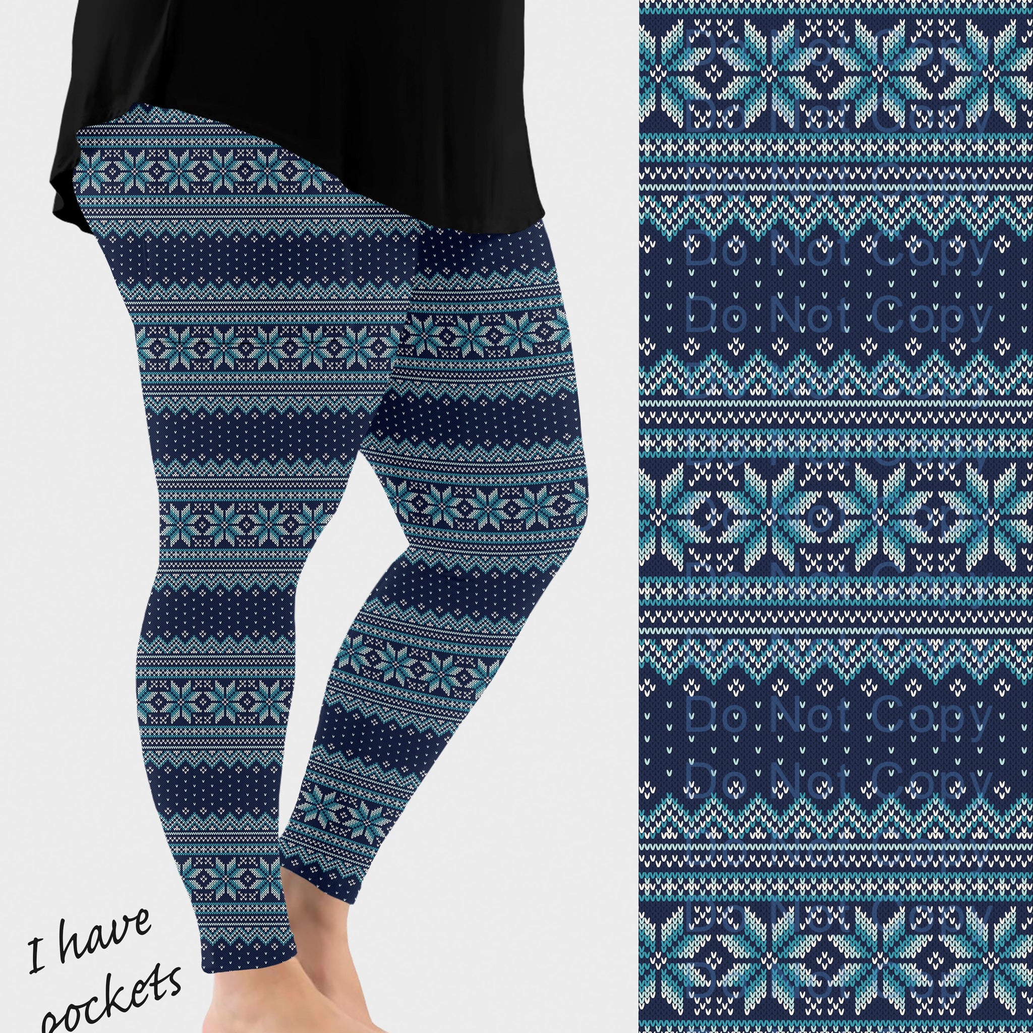RTS - Blue Snowflake Sweater Leggings w/ Pockets