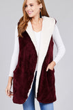 Fluffy Hooded Open Vest with Pockets