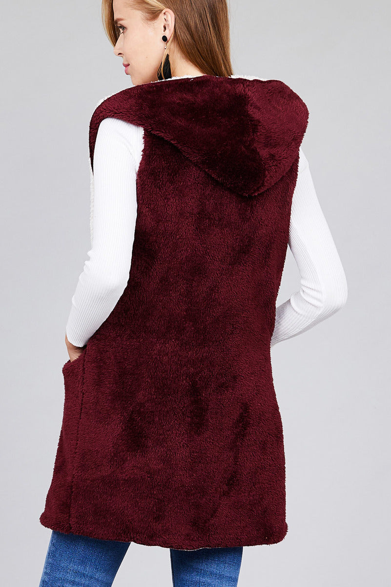 Fluffy Hooded Open Vest with Pockets