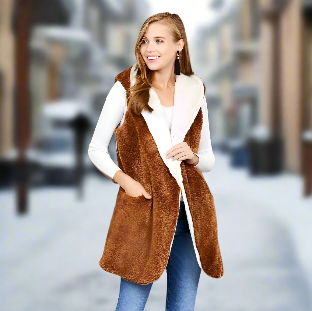 Fluffy Hooded Open Vest with Pockets