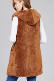 Fluffy Hooded Open Vest with Pockets