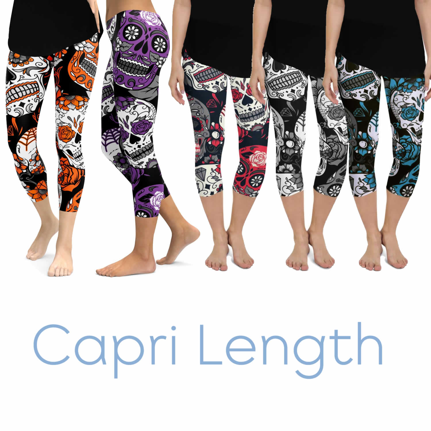 Large Sugar Skull Soft Capri Leggings w/ Pocket In Yoga Band