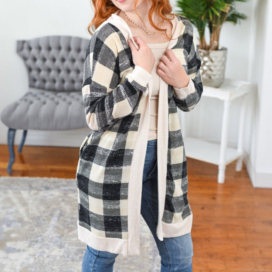 Taupe Plaid Cardigan w/ Pockets