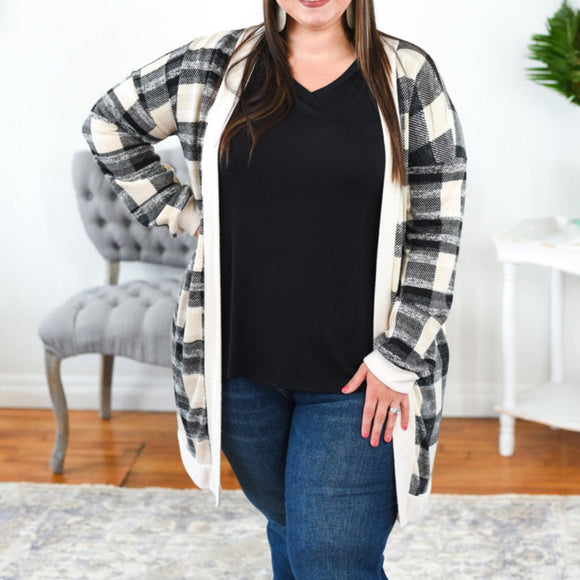 Taupe Plaid Cardigan w/ Pockets