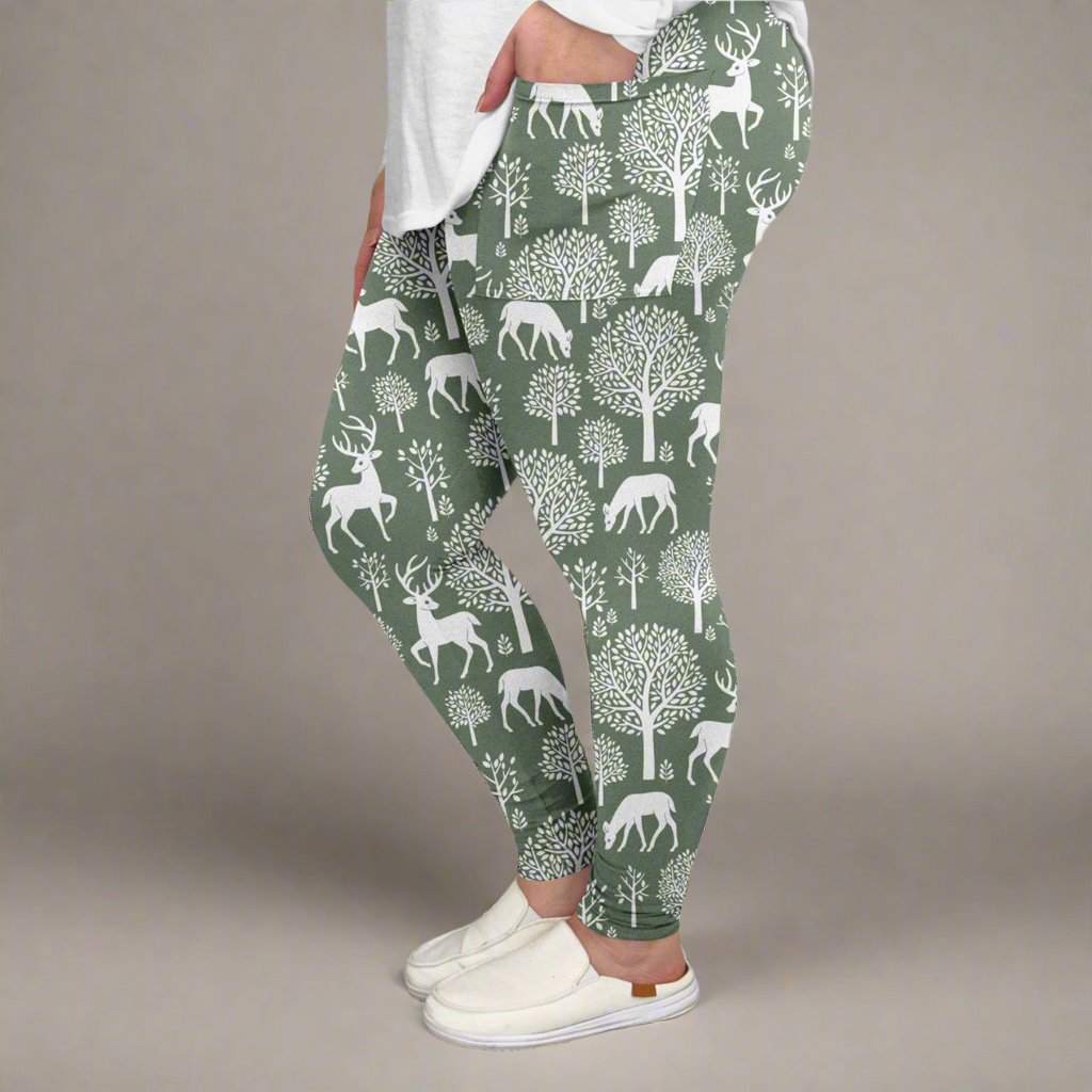 Green Forest Doe Deer Print Leggings w/ Pockets | ETA 12/5