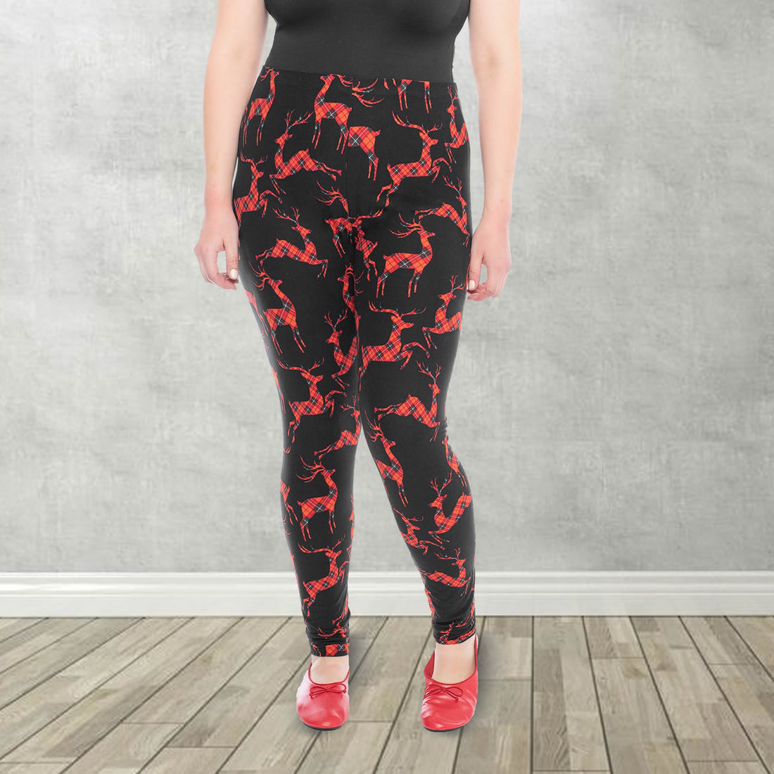 Christmas Red Plaid Deer Print Soft Leggings