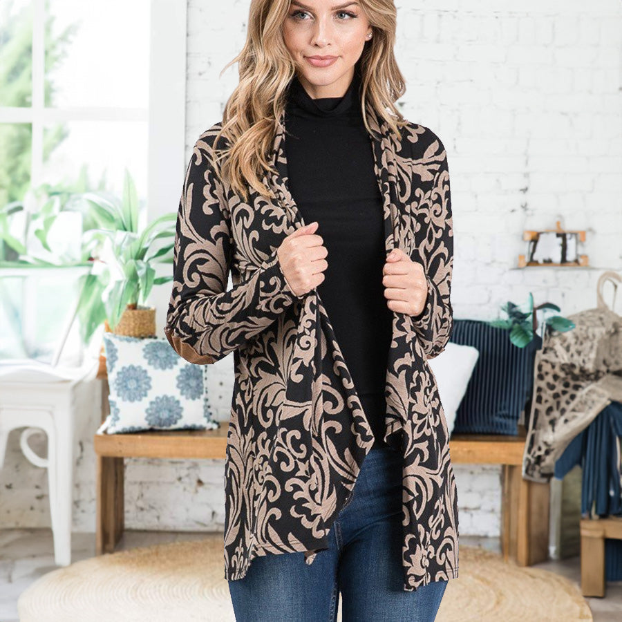 Womens Open Front Longline Tan & Black Damask Cardigan w/ Elbow Patches