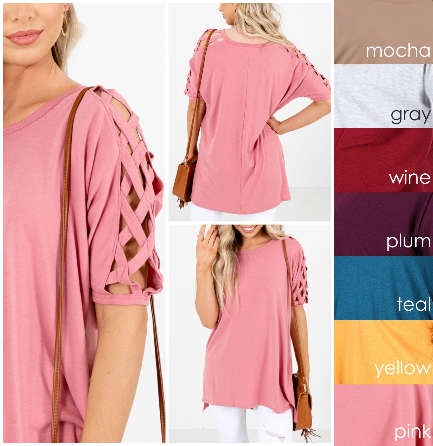 Crisscross Lattice Shoulder Half Sleeve Side Split Hi - Low Hem Oversized Top