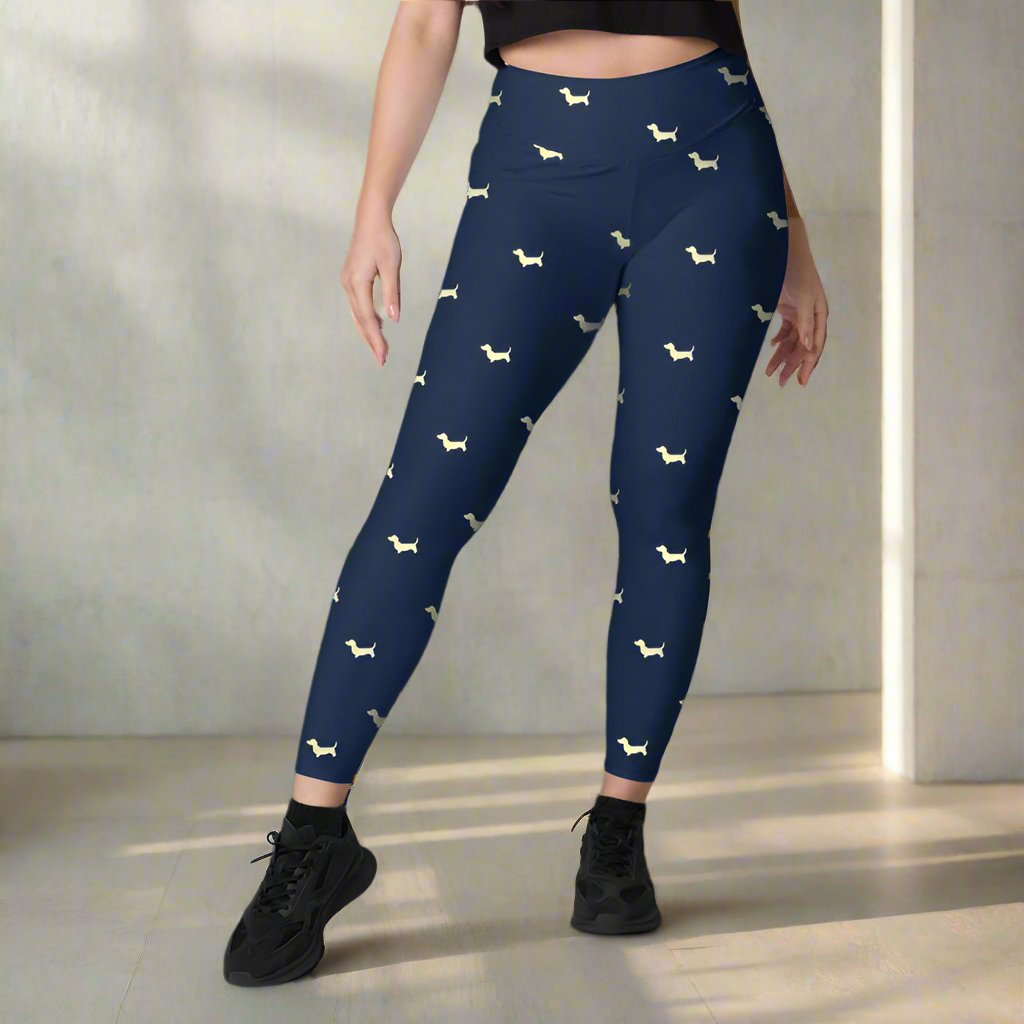 Dachshund Dog Print Navy Blue Leggings