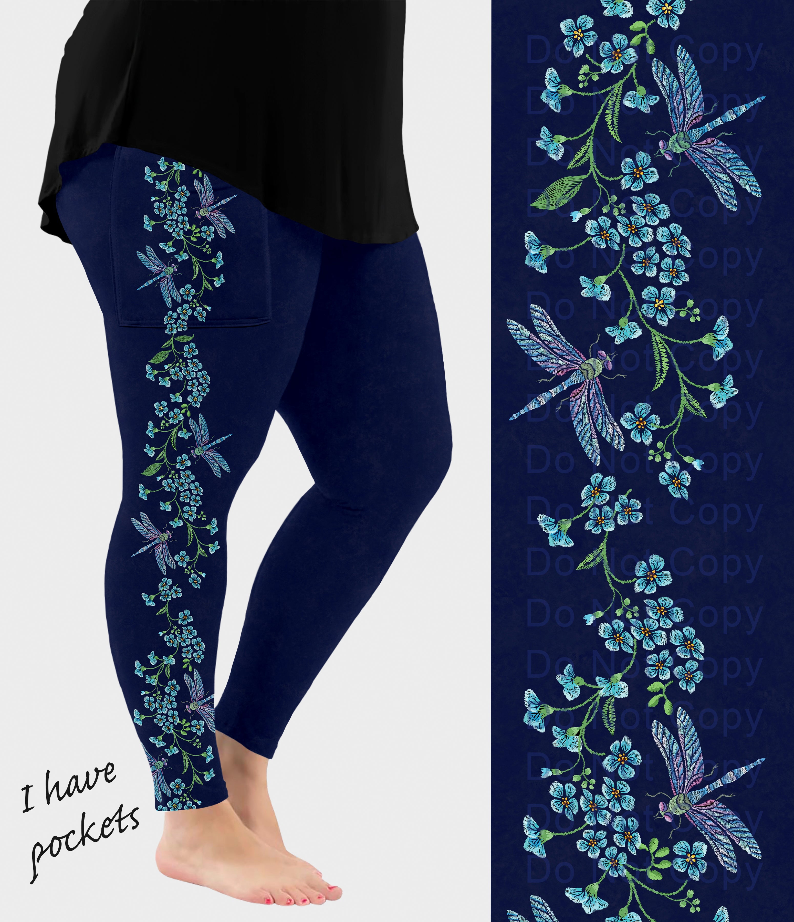 RTS - Dragonfly Vine Side Design Leggings with Pockets