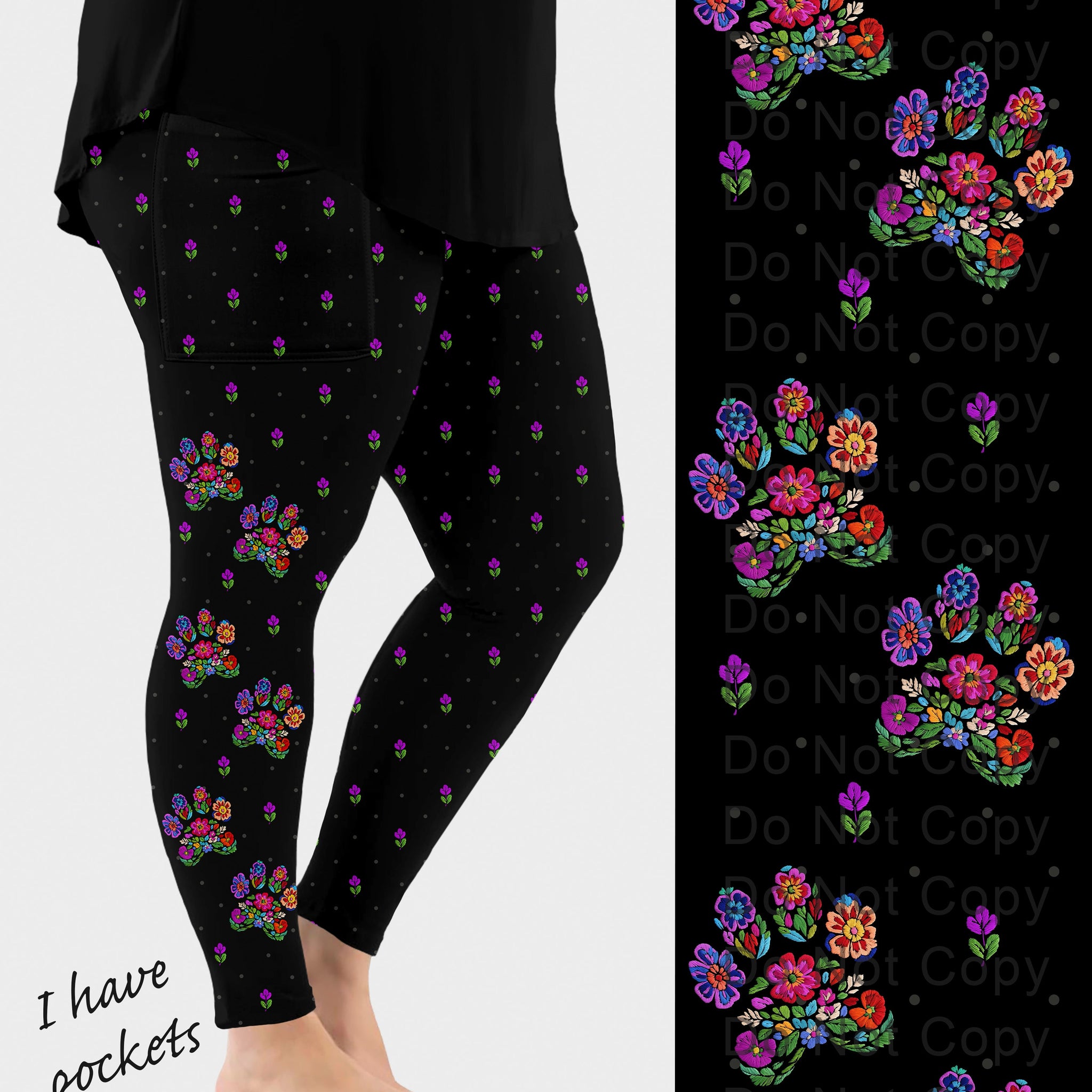 RTS - Embroidered Paws Side Design Leggings w/ Pockets