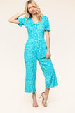 PLUS Spring Vibes Aqua Ikat Print Ruffle Sleeve Wide Leg Jumpsuit
