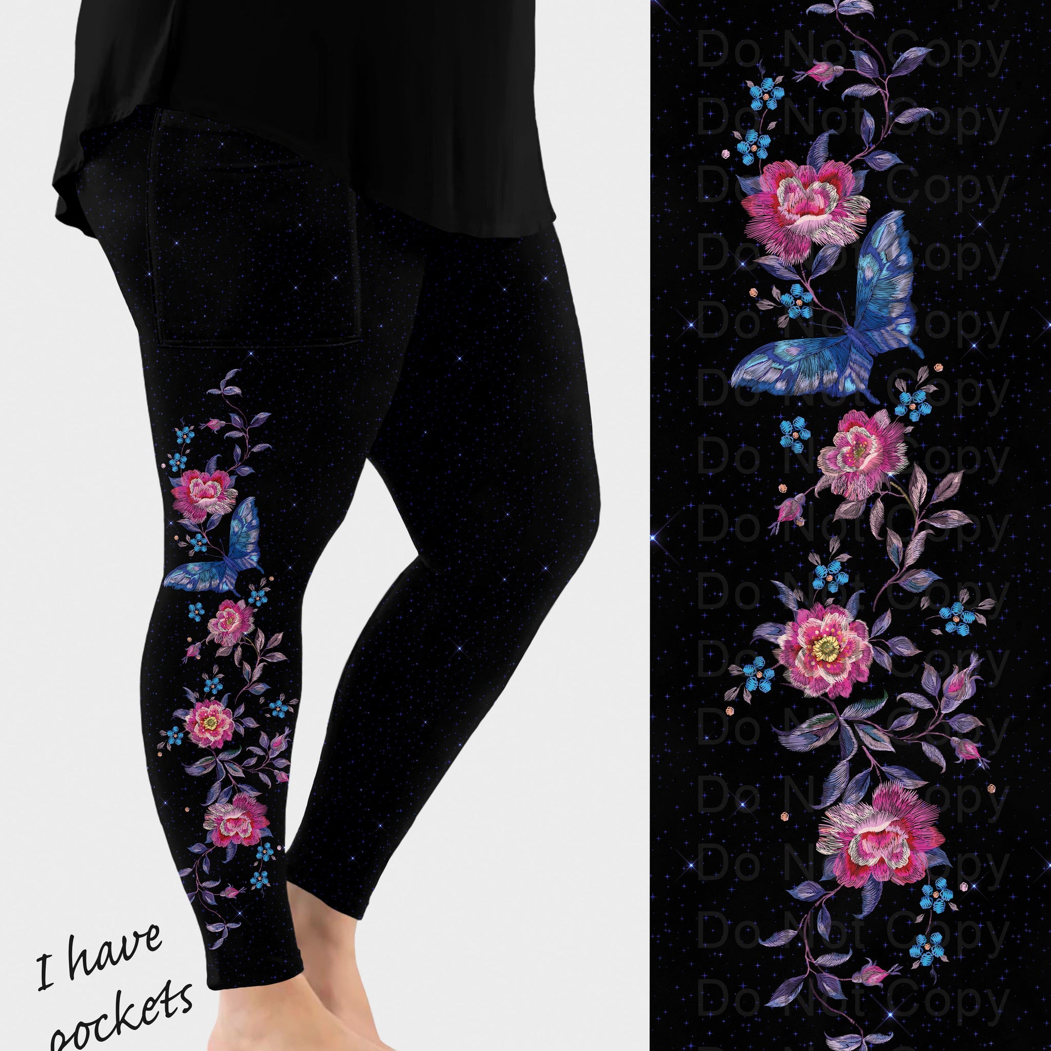 RTS - Floral Butterfly Side Design Leggings w/ Pockets