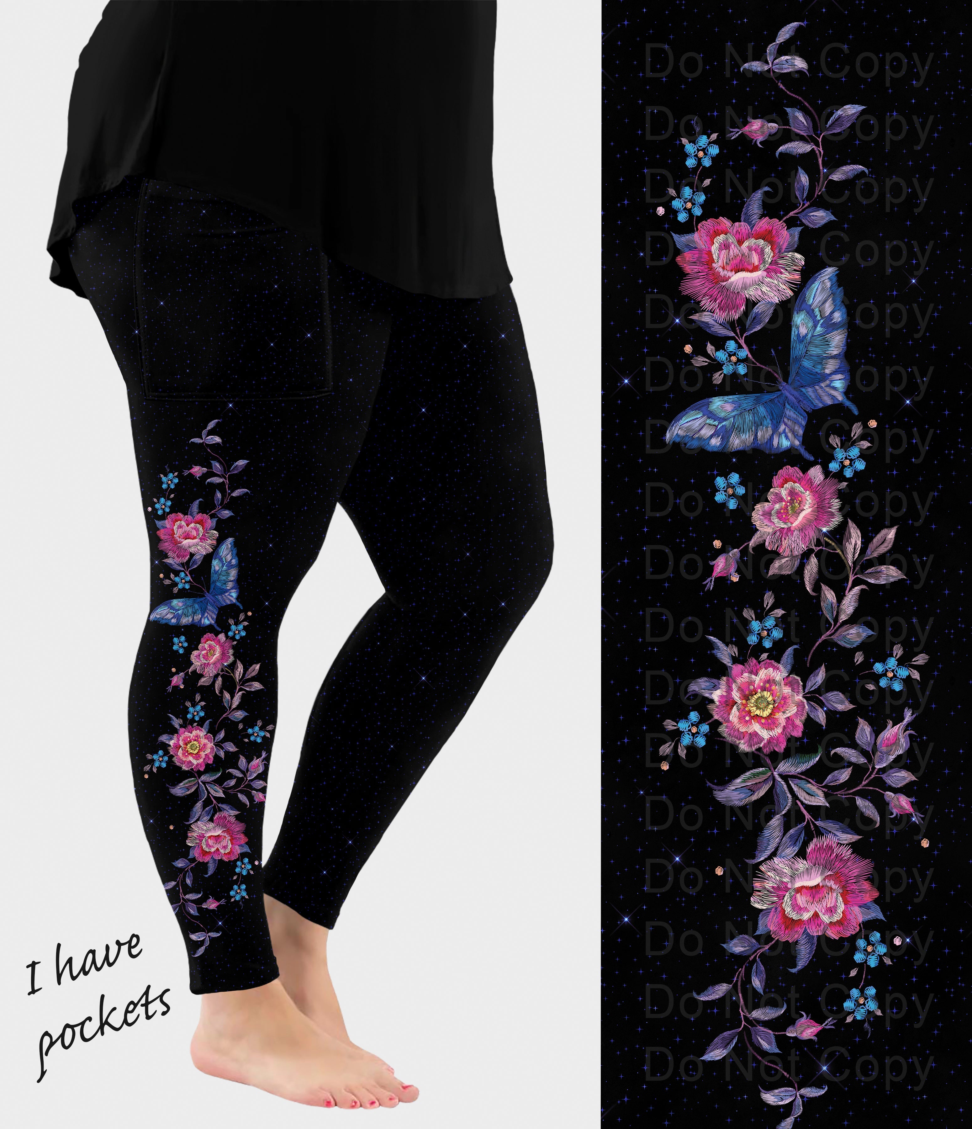 RTS - Floral Butterfly Side Design Leggings with Pockets