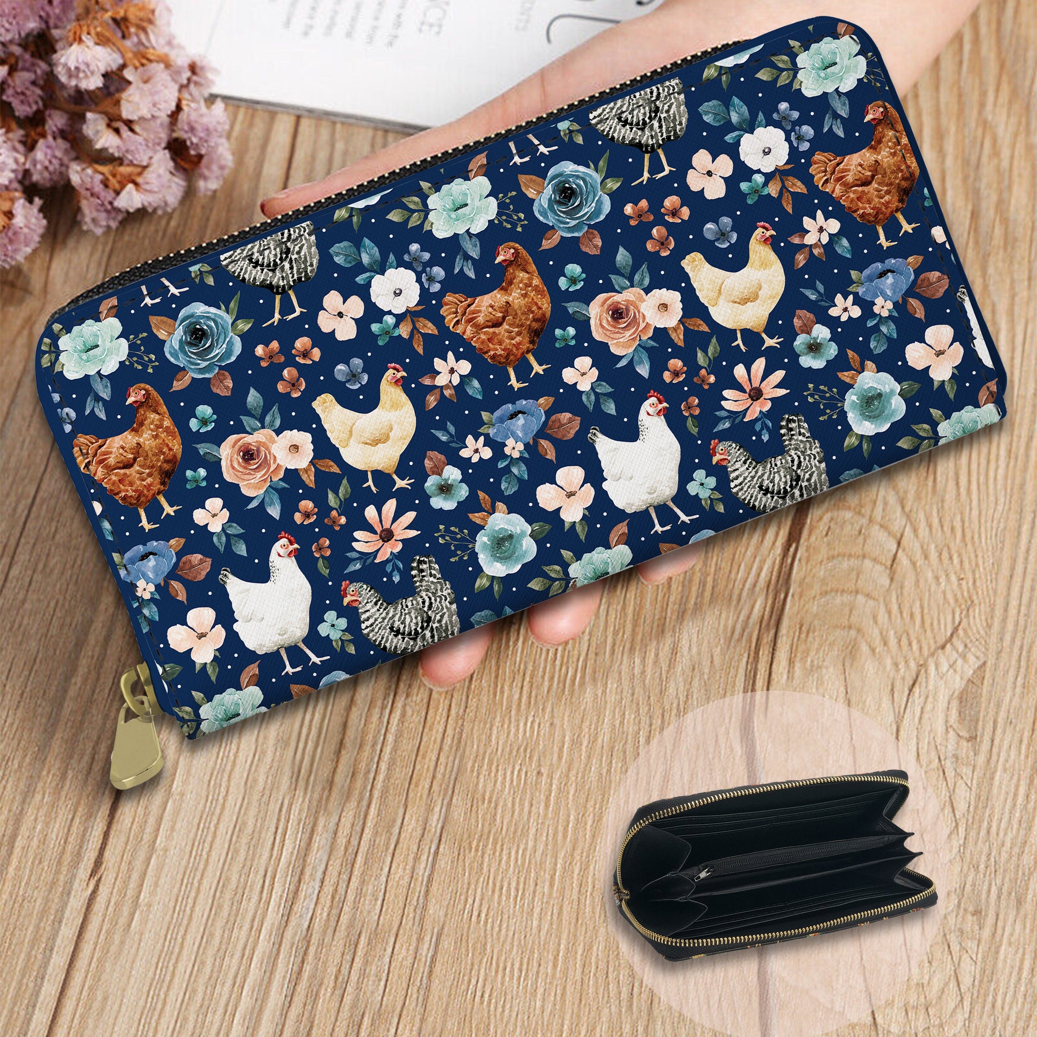 RTS - Floral Chickens Zip Around Wallet w/ Wrist Strap