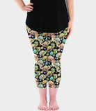 Floral Turtle Print Capri Soft Black Leggings W/ Pockets