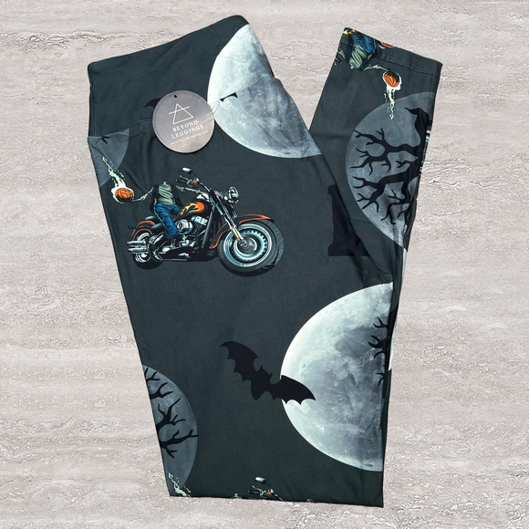 Halloween Headless Horseman Motorcycle Print Leggings with Pocket in Waist Band