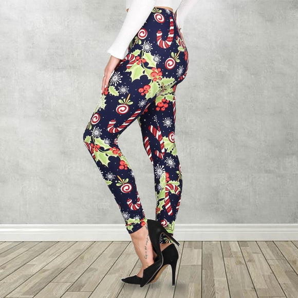 Holly and Candy Canes CHristmas Print Soft Leggings