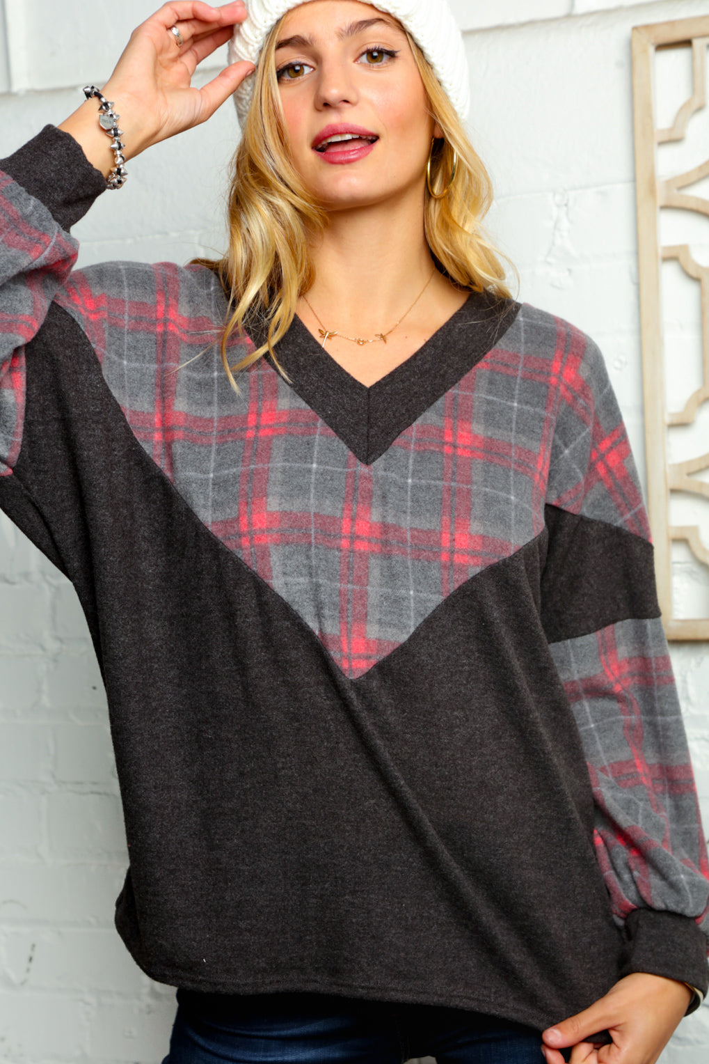 Brushed Hacci Chevron Plaid Color Block Sweater Top