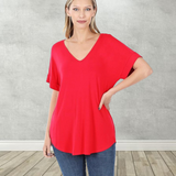Women's Wide V-Neck Cuffed Short Sleeve Curved Hem Luxe Jersey Top
