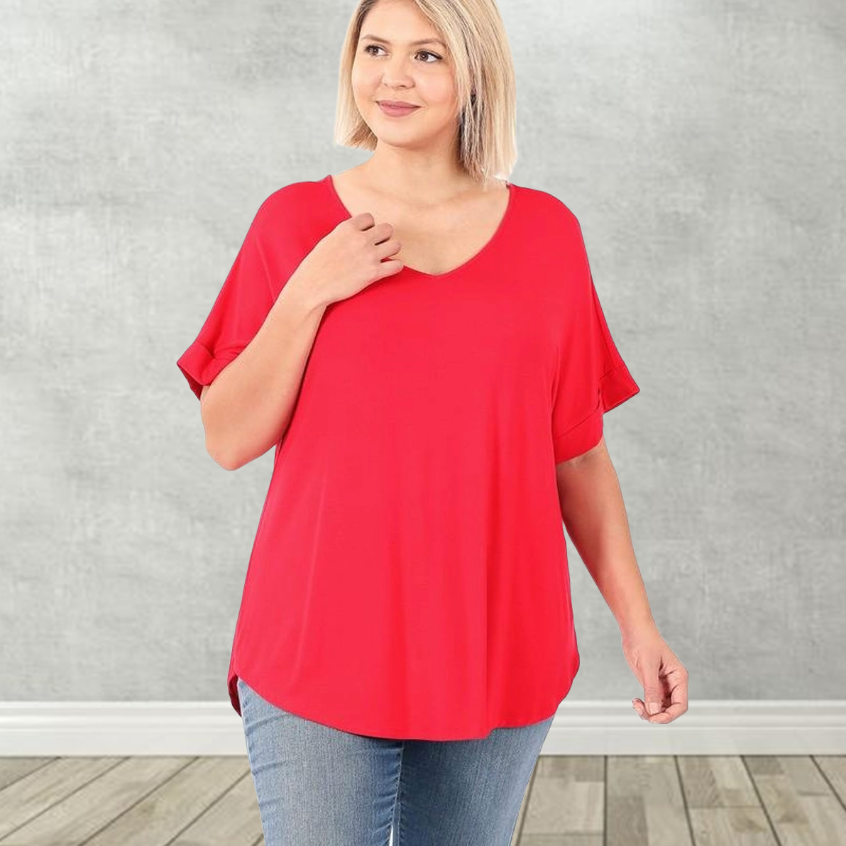 Zenana Women's Wide V-Neck Cuffed Short Sleeve Curved Hem