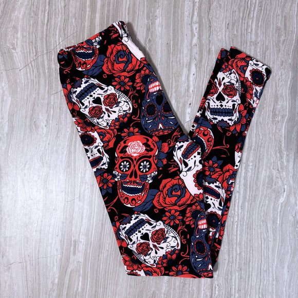 Coral Roses & Flowers Sugar Skull Print Soft Leggings