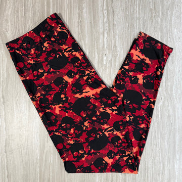 Red Fire Camo Skulls Print Leggings