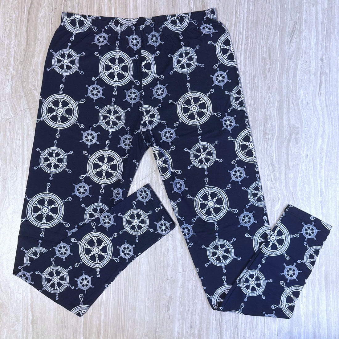 Nautical Ship Wheel Print Navy Blue Leggings